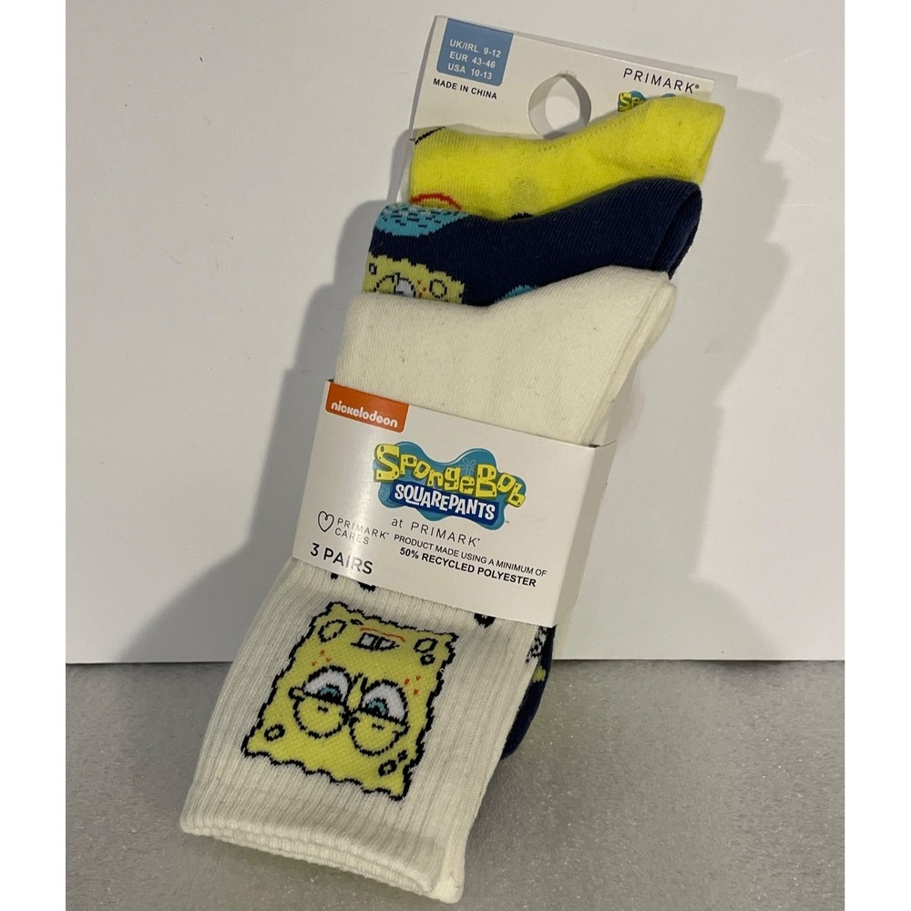 NWT SPONGE BOB SQUARE PANTS X PRIMARK MENS CREW SOCKS 3 PAIR Size 10-13